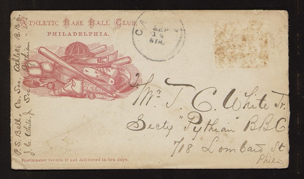 An envelope address to the Pythians from the Athletic Base Ball Club