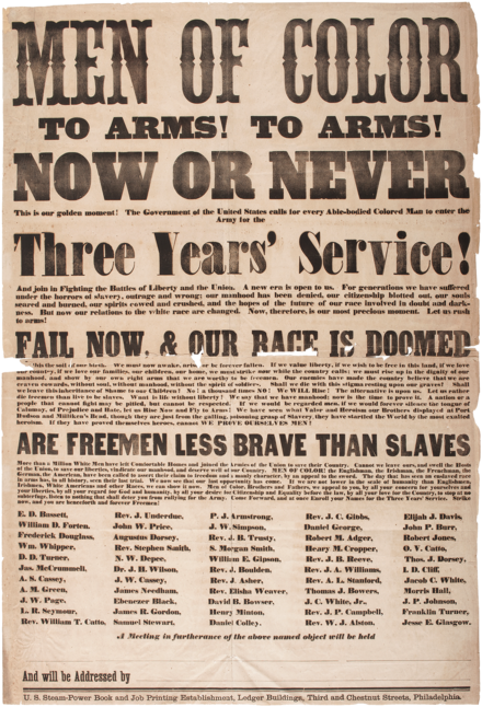 A poster calling men to fight in the Civil War signed by Catto. The conscripts were denied because they were black.